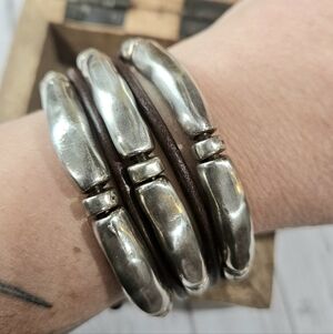 Silver Leather TUBA Bracelet PARA MI Madrid SPAIN w Wooden Box EUC